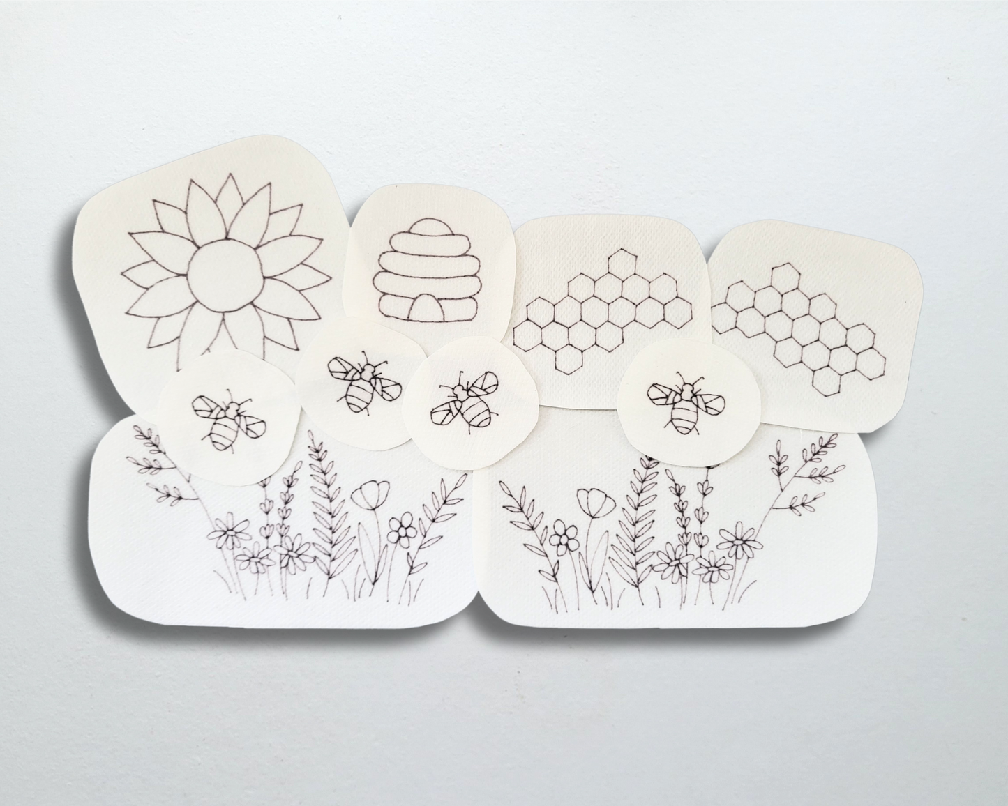 Bee themed stick and stitch patches