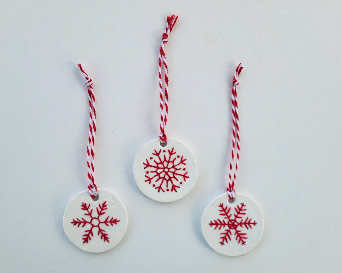 Embroidered Clay Snowflake Ornaments - Set of 3 (Red and White)