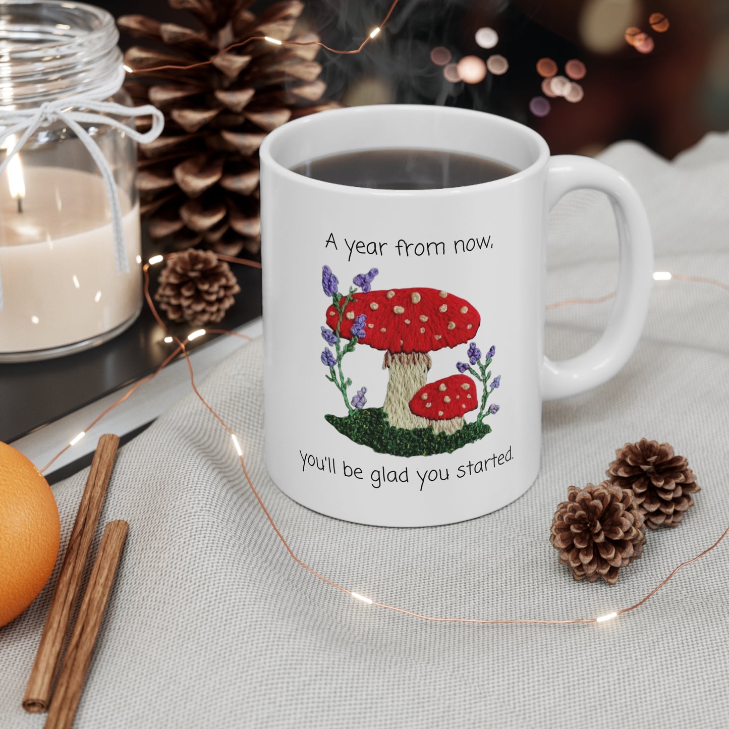 Embroidered Toadstool Mug - A year from now you'll be glad you started