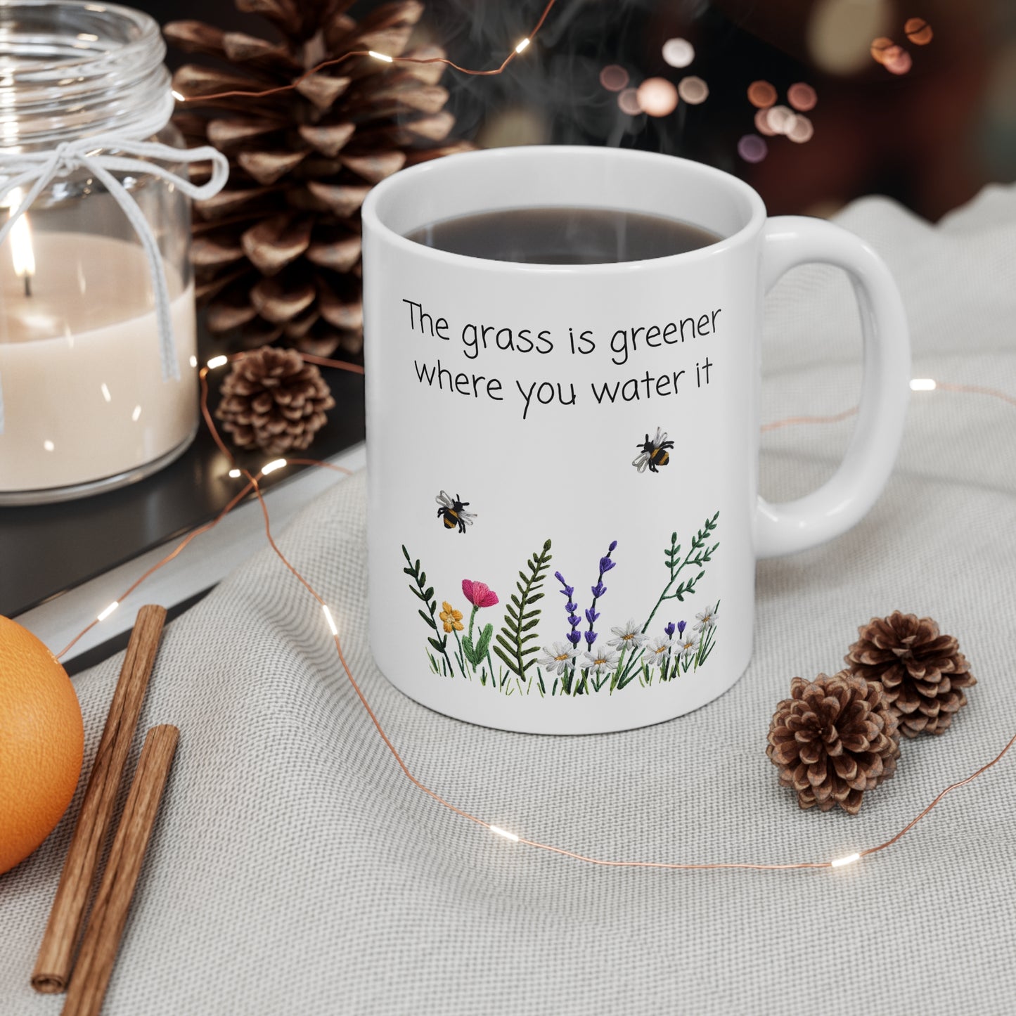 Embroidered Flowers and Bees Mug - The grass is greener where you water it