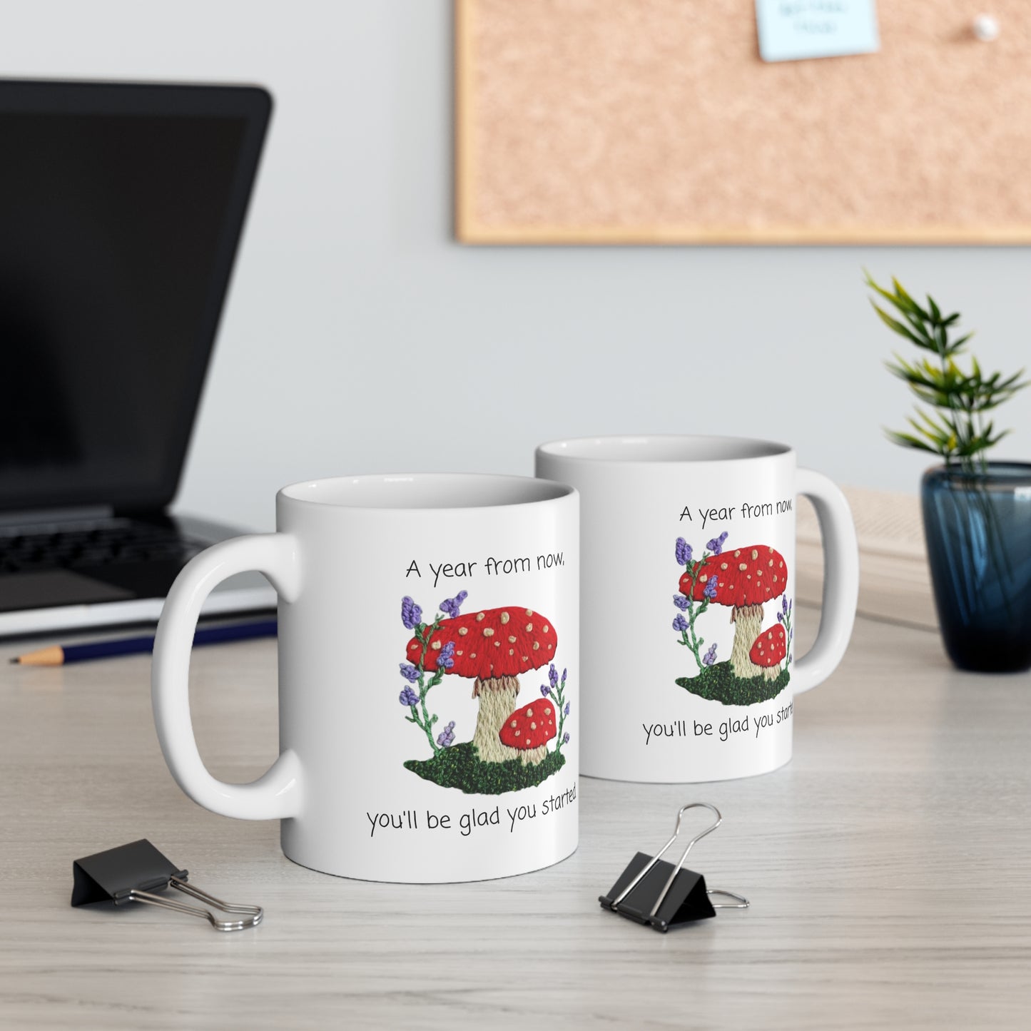 Embroidered Toadstool Mug - A year from now you'll be glad you started