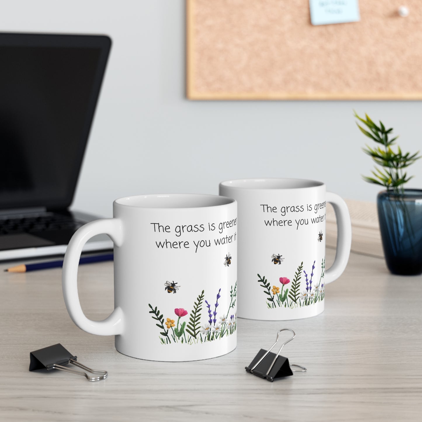 Embroidered Flowers and Bees Mug - The grass is greener where you water it