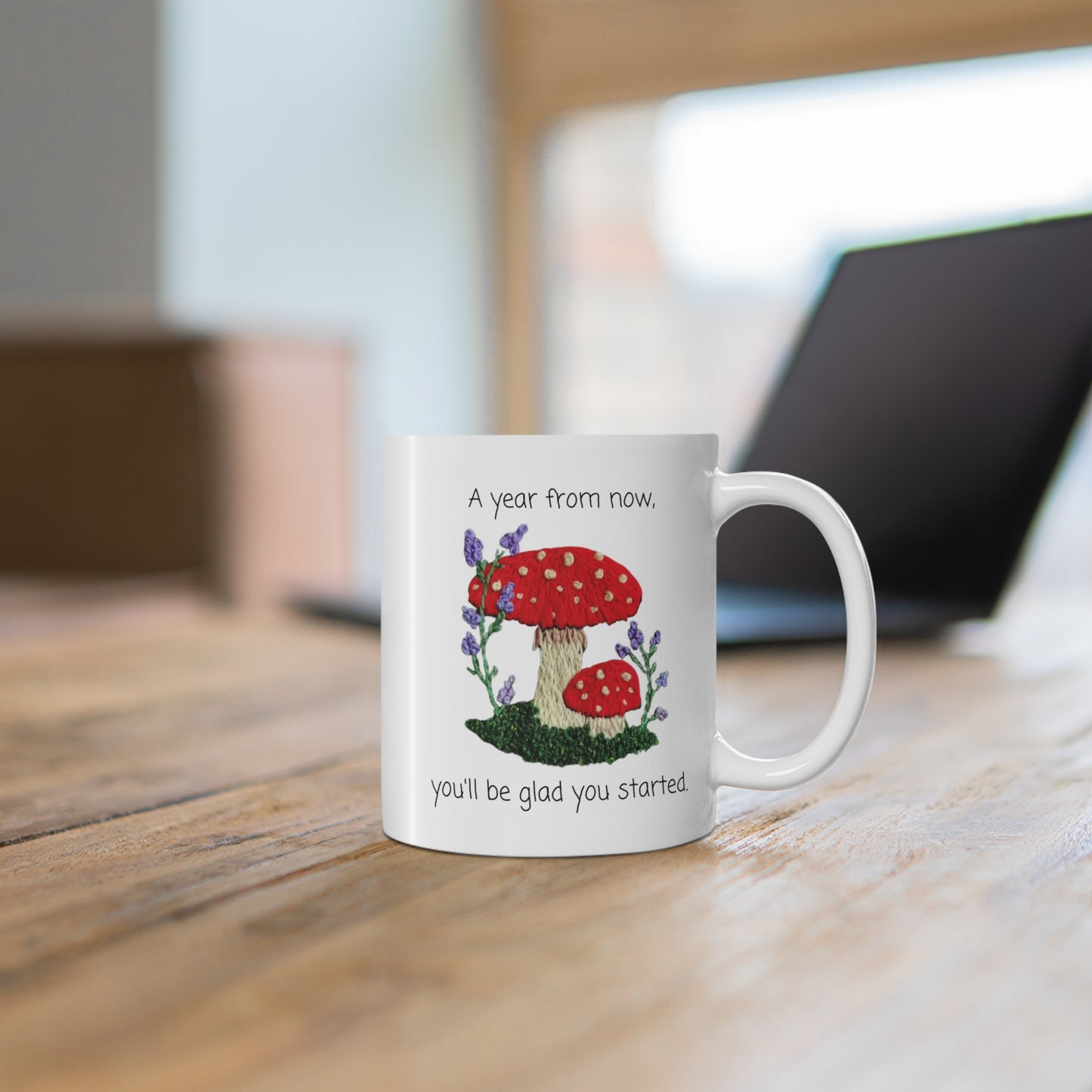 Embroidered Toadstool Mug - A year from now you'll be glad you started