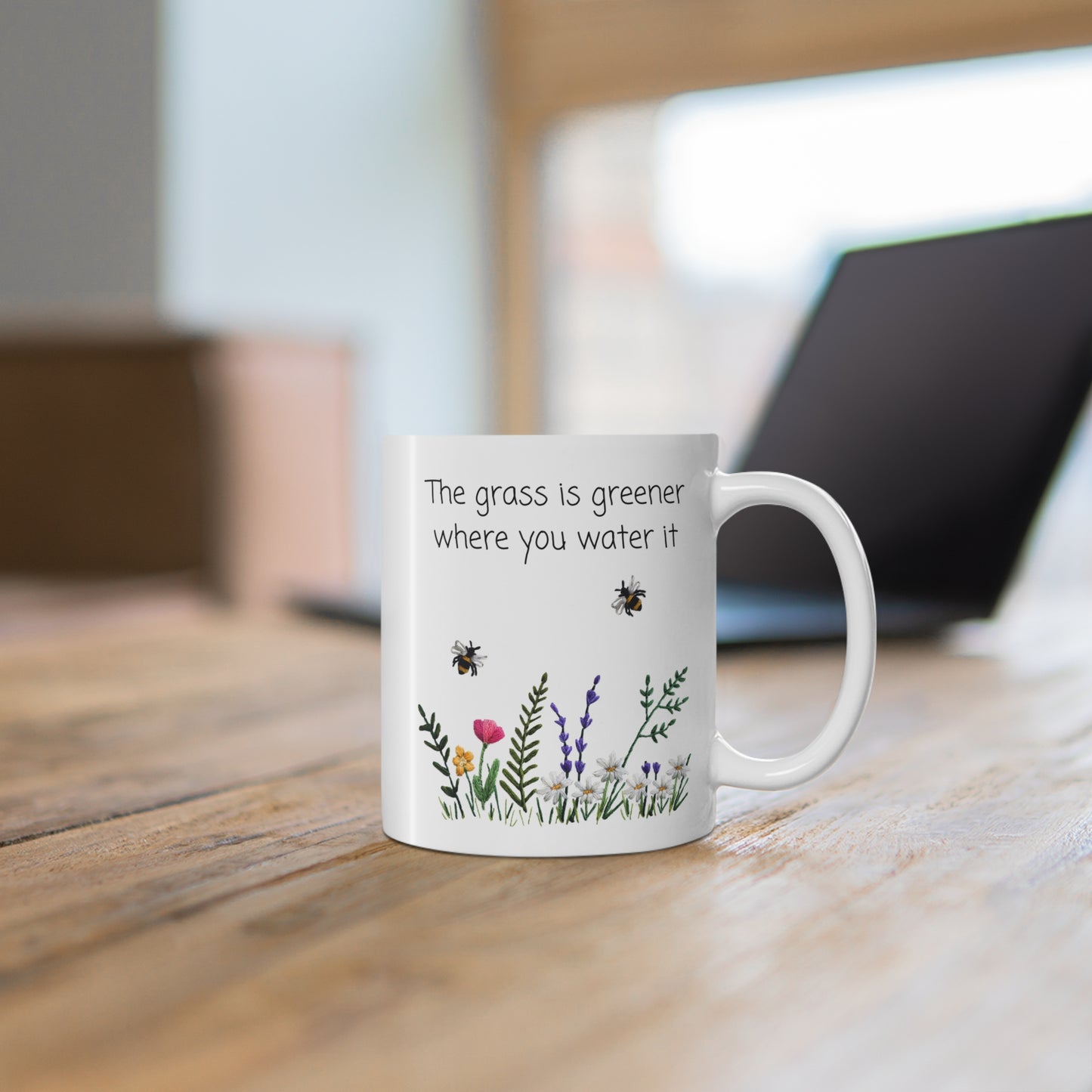 Embroidered Flowers and Bees Mug - The grass is greener where you water it