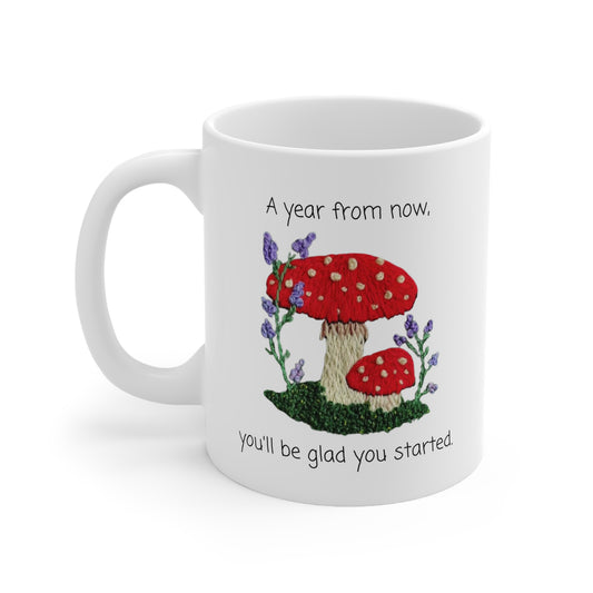 Embroidered Toadstool Mug - A year from now you'll be glad you started