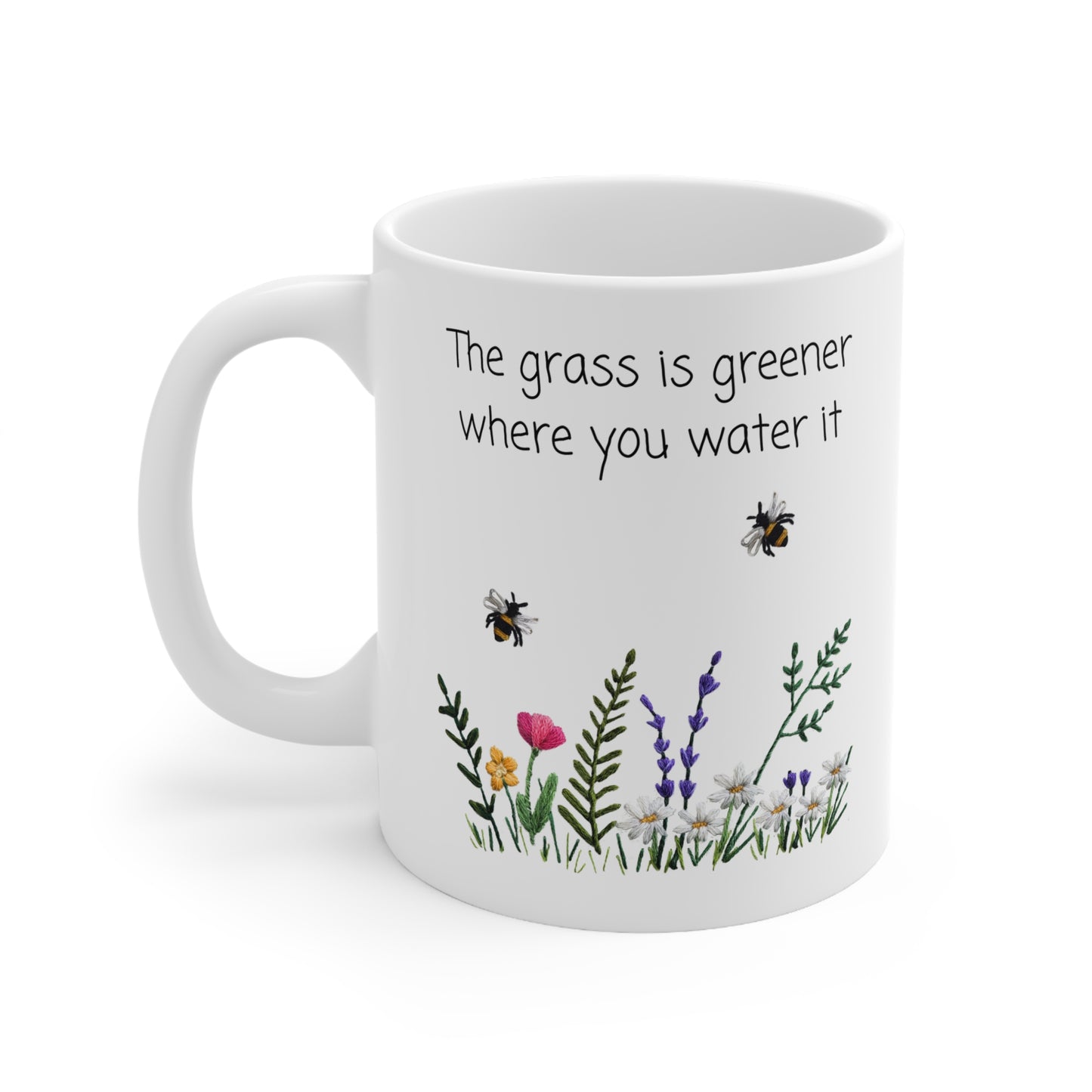 Embroidered Flowers and Bees Mug - The grass is greener where you water it