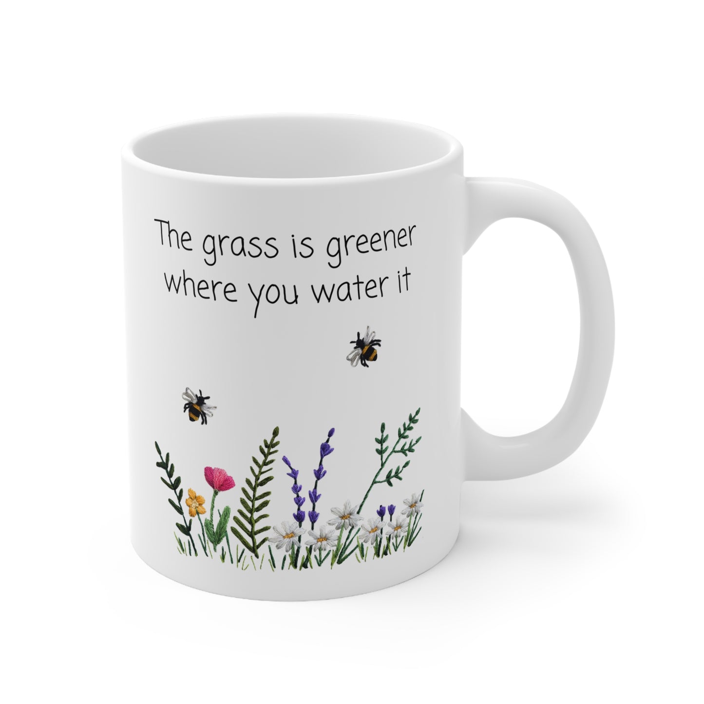 Embroidered Flowers and Bees Mug - The grass is greener where you water it